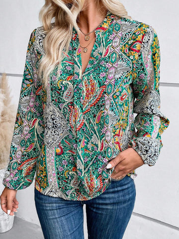 EMERY ROSE Autumn Casual Paisley Print Notched Collar Shirt