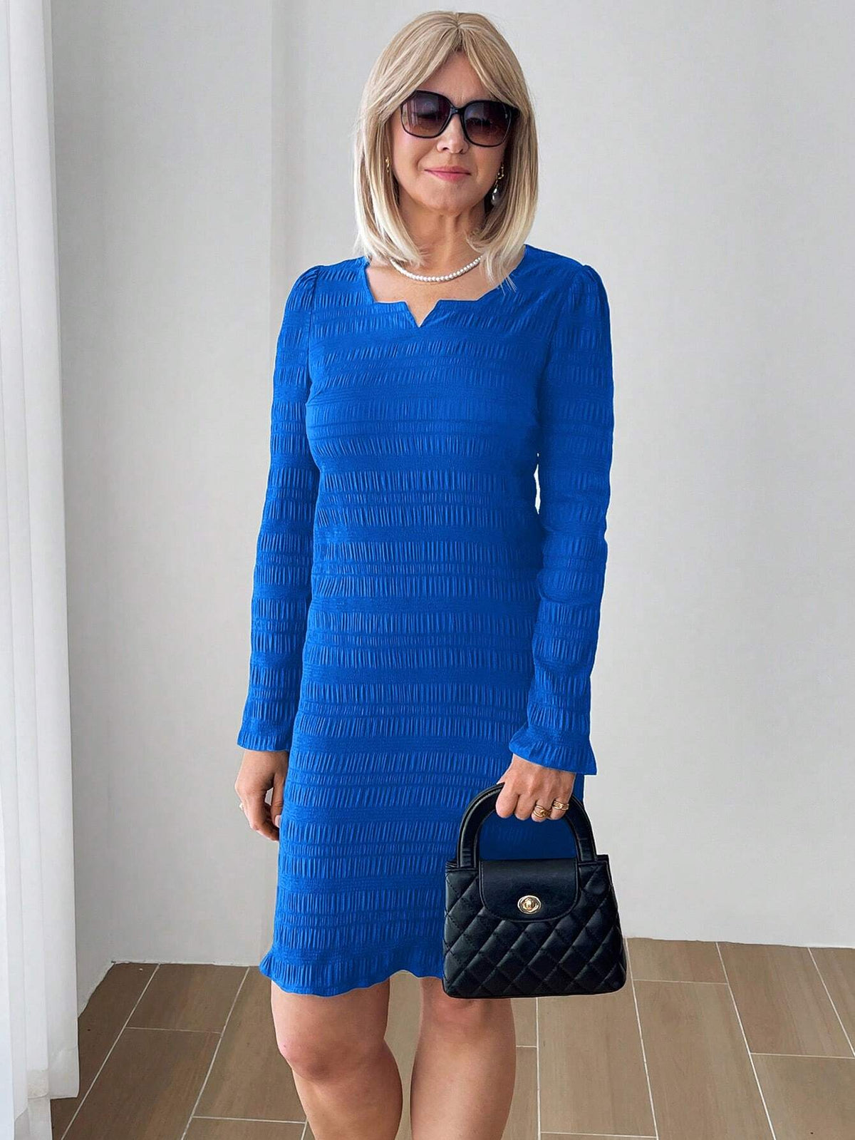 EMERY ROSE Blue Textured Fabric, Small Notched V-Neck,Fall Women Dresses