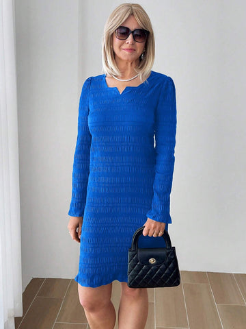 EMERY ROSE Blue Textured Fabric, Small Notched V-Neck,Fall Women Dresses