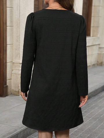 EMERY ROSE Blue Textured Fabric, Small Notched V-Neck,Fall Women Dresses