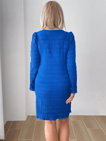 EMERY ROSE Blue Textured Fabric, Small Notched V-Neck,Fall Women Dresses