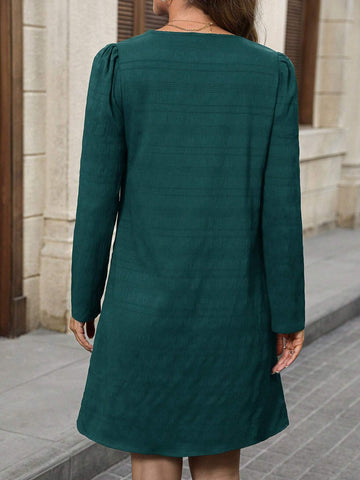 EMERY ROSE Blue Textured Fabric, Small Notched V-Neck,Fall Women Dresses