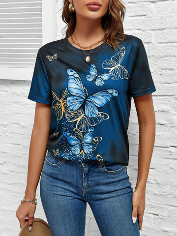 EMERY ROSE Butterfly Print Round Neck Tee