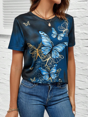 EMERY ROSE Butterfly Print Round Neck Tee