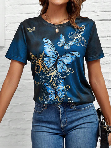 EMERY ROSE Butterfly Print Round Neck Tee