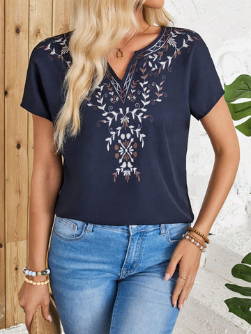 EMERY ROSE Casual Blue Short Sleeve Women's Shirt With Floral Theme, Country And Rural Flair