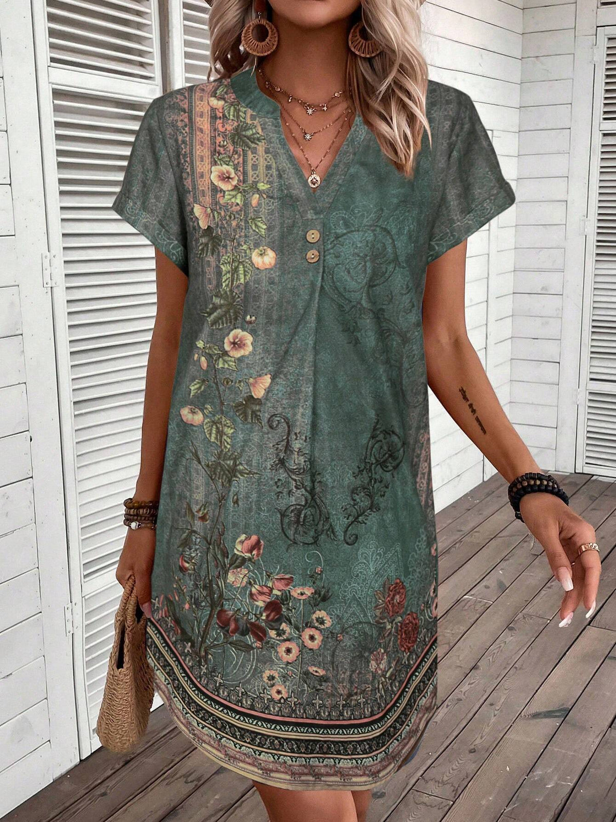 EMERY ROSE Casual Concealed Button Navy Blue Dress With Small V-Neck