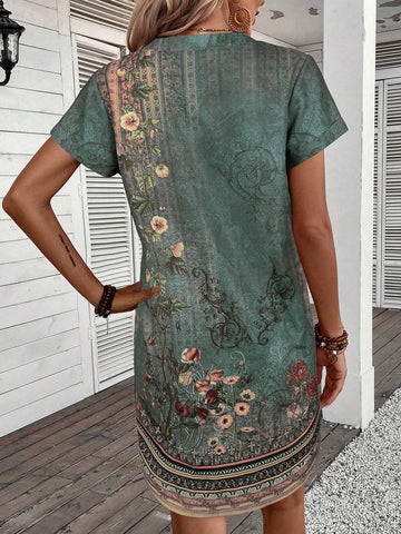 EMERY ROSE Casual Concealed Button Navy Blue Dress With Small V-Neck
