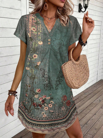 EMERY ROSE Casual Concealed Button Navy Blue Dress With Small V-Neck