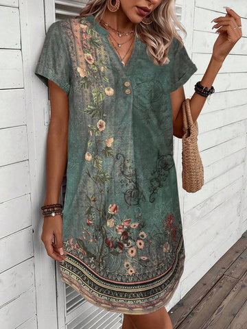 EMERY ROSE Casual Concealed Button Navy Blue Dress With Small V-Neck
