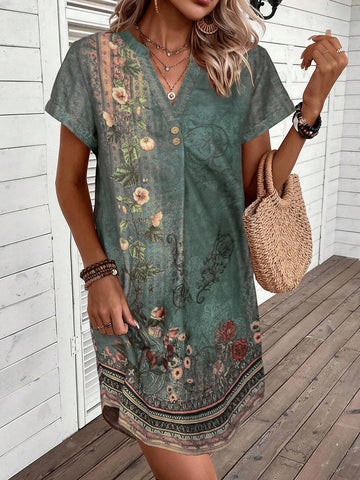 EMERY ROSE Casual Concealed Button Navy Blue Dress With Small V-Neck