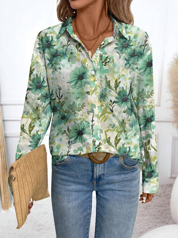 EMERY ROSE Casual Floral Print Loose Chiffon Blouse Shirt For Women, Suitable For Spring/Autumn