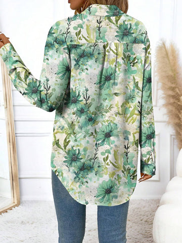 EMERY ROSE Casual Floral Print Loose Chiffon Blouse Shirt For Women, Suitable For Spring/Autumn