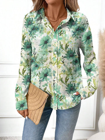 EMERY ROSE Casual Floral Print Loose Chiffon Blouse Shirt For Women, Suitable For Spring/Autumn