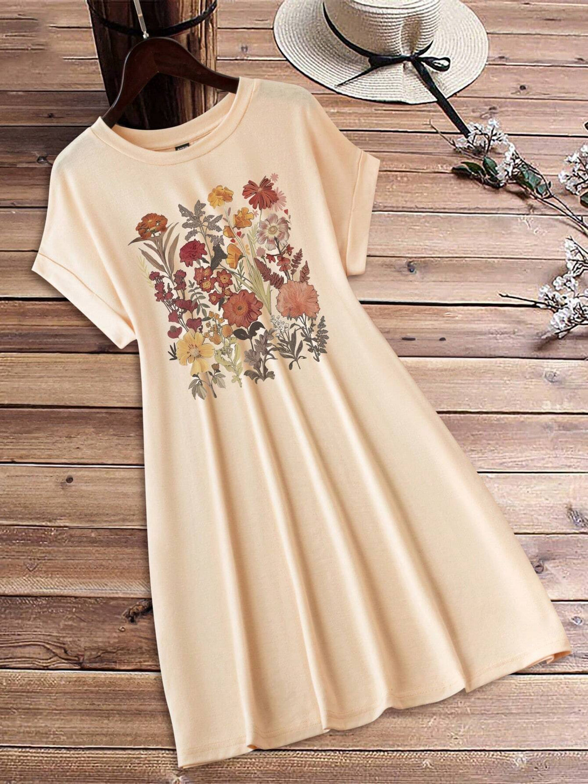 Casual Floral Print Loose Fit Women's Round Neck Short Sleeve Dress For Summer