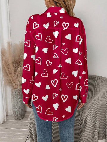 EMERY ROSE Casual Heart Graphic Loose Open Front Blouse For Women, Summer