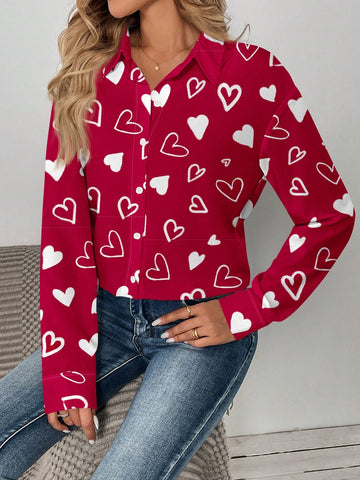 EMERY ROSE Casual Heart Graphic Loose Open Front Blouse For Women, Summer