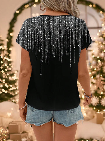EMERY ROSE Casual Imitation Rhinestone Tassel Pattern Round Neck Blouse For Women, Suitable For Summer