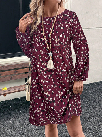 EMERY ROSE Casual Leopard Print Lantern Sleeve Dress