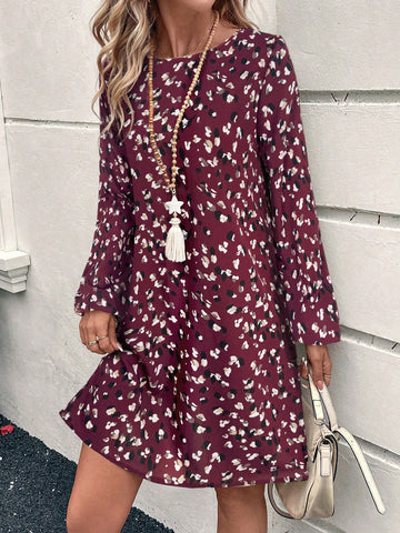 EMERY ROSE Casual Leopard Print Lantern Sleeve Dress