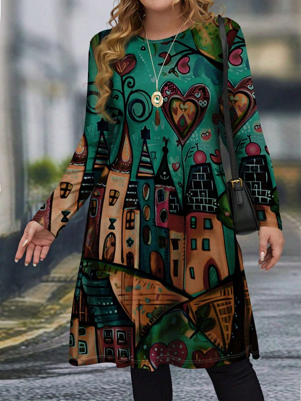 EMERY ROSE Casual Loose Fit Round Neck Mid-Length Long Sleeve Women Short Dress, Suitable For Summer