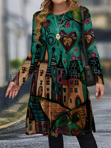 EMERY ROSE Casual Loose Fit Round Neck Mid-Length Long Sleeve Women Short Dress, Suitable For Summer