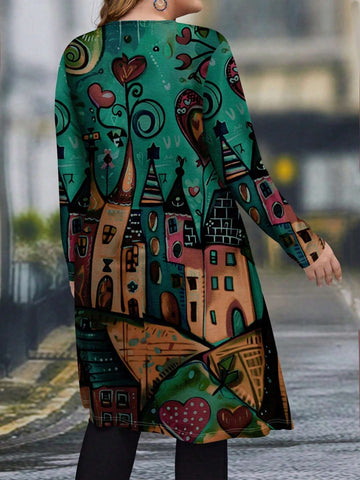 EMERY ROSE Casual Loose Fit Round Neck Mid-Length Long Sleeve Women Short Dress, Suitable For Summer