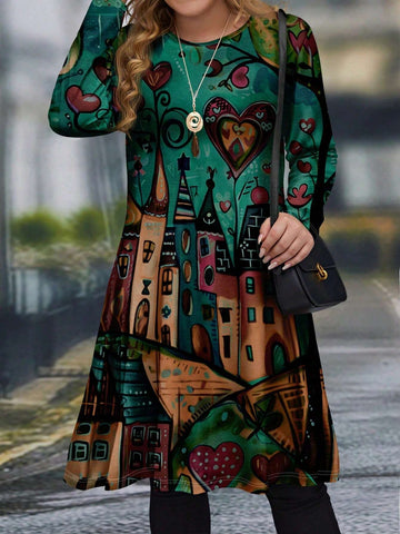 EMERY ROSE Casual Loose Fit Round Neck Mid-Length Long Sleeve Women Short Dress, Suitable For Summer