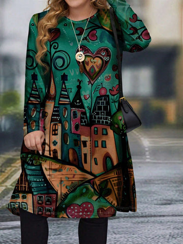 EMERY ROSE Casual Loose Fit Round Neck Mid-Length Long Sleeve Women Short Dress, Suitable For Summer