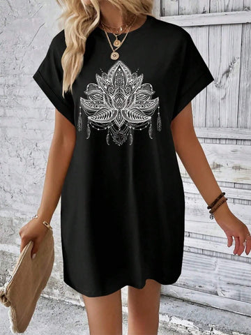 EMERY ROSE Casual Loose Lotus Pattern Women's Round Neck Short Sleeve Dress, Perfect For Summer