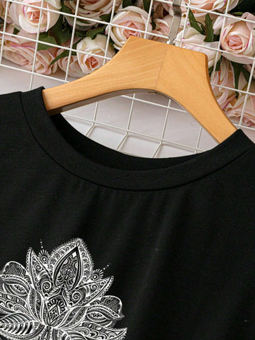 EMERY ROSE Casual Loose Lotus Pattern Women's Round Neck Short Sleeve Dress, Perfect For Summer