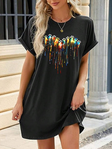 EMERY ROSE Casual Loose Women's Watercolor Heart & Dog Paw Print Round Neck Short Sleeve Dress, Suitable For Summer