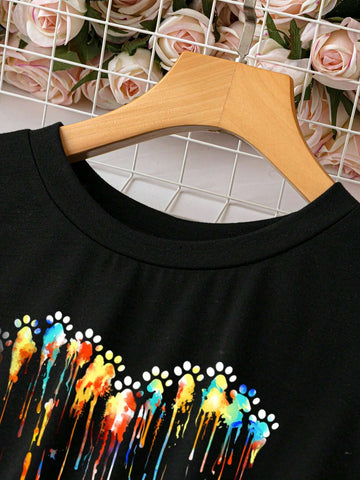 EMERY ROSE Casual Loose Women's Watercolor Heart & Dog Paw Print Round Neck Short Sleeve Dress, Suitable For Summer