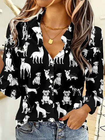 EMERY ROSE Casual Minimalist Cartoon Animal Pattern Loose Fit Women Cardigan Shirt,