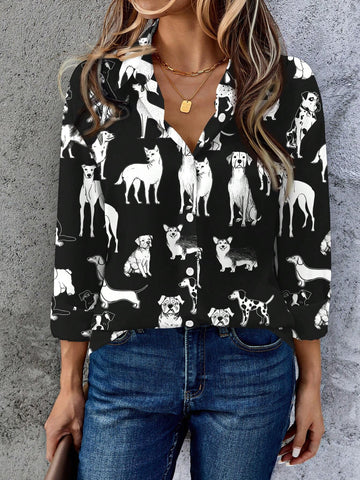 EMERY ROSE Casual Minimalist Cartoon Animal Pattern Loose Fit Women Cardigan Shirt,