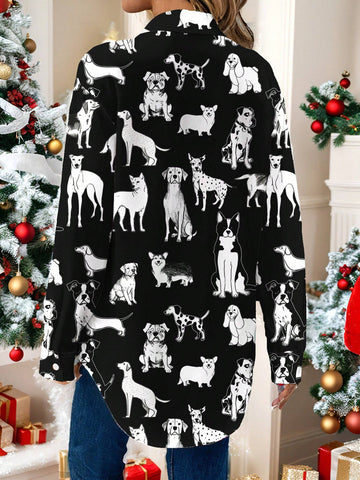 EMERY ROSE Casual Minimalist Cartoon Animal Pattern Loose Fit Women Cardigan Shirt,