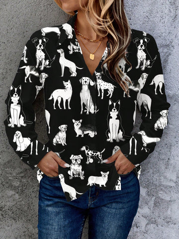 EMERY ROSE Casual Minimalist Cartoon Animal Pattern Loose Fit Women Cardigan Shirt,