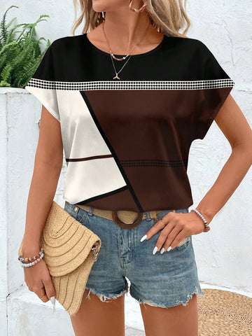 EMERY ROSE Casual Minimalist Line Splice Pattern Women Round Neck Short Sleeve Blouse