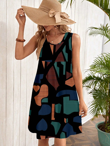 EMERY ROSE Casual Minimalist Round Neck Sleeveless Loose Mini Dress For Women, Suitable For Summer