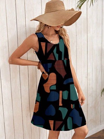 EMERY ROSE Casual Minimalist Round Neck Sleeveless Loose Mini Dress For Women, Suitable For Summer