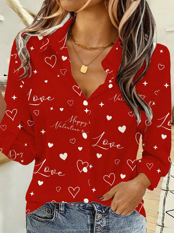 EMERY ROSE Casual Simple Valentine's Day Element Pattern Loose Long Sleeve Blouse For Women