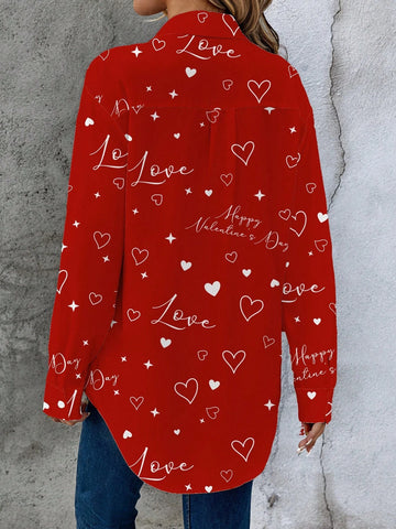 EMERY ROSE Casual Simple Valentine's Day Element Pattern Loose Long Sleeve Blouse For Women