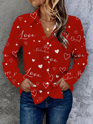 EMERY ROSE Casual Simple Valentine's Day Element Pattern Loose Long Sleeve Blouse For Women