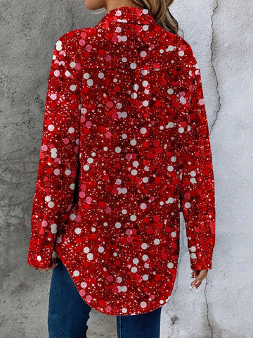EMERY ROSE Casual Simplistic Glittery Pattern Loose Fit Long Sleeve Women Blouse, Suitable For Autumn/Winter