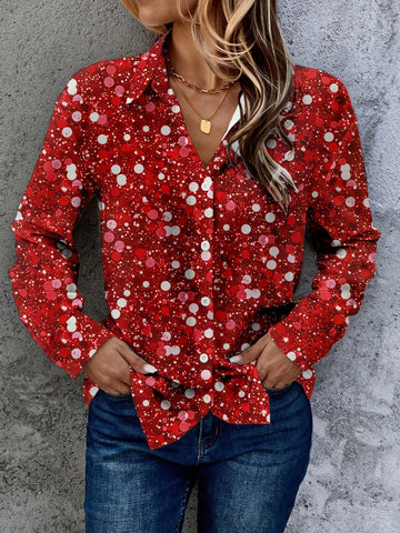 EMERY ROSE Casual Simplistic Glittery Pattern Loose Fit Long Sleeve Women Blouse, Suitable For Autumn/Winter