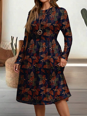 EMERY ROSE Casual Vintage Floral Pattern Loose Long Sleeve Women Dress, Suitable For Autumn And Winter