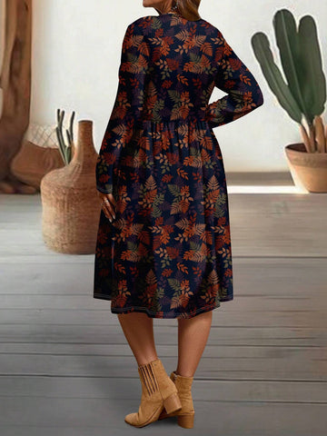 EMERY ROSE Casual Vintage Floral Pattern Loose Long Sleeve Women Dress, Suitable For Autumn And Winter