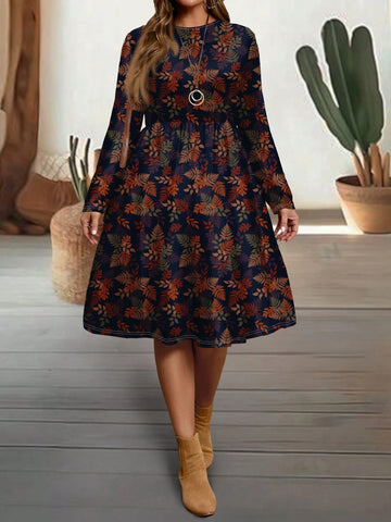 EMERY ROSE Casual Vintage Floral Pattern Loose Long Sleeve Women Dress, Suitable For Autumn And Winter