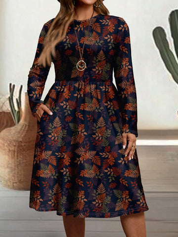 EMERY ROSE Casual Vintage Floral Pattern Loose Long Sleeve Women Dress, Suitable For Autumn And Winter