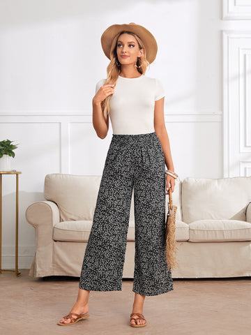 EMERY ROSE Ditsy Floral Print Wide Leg Pants